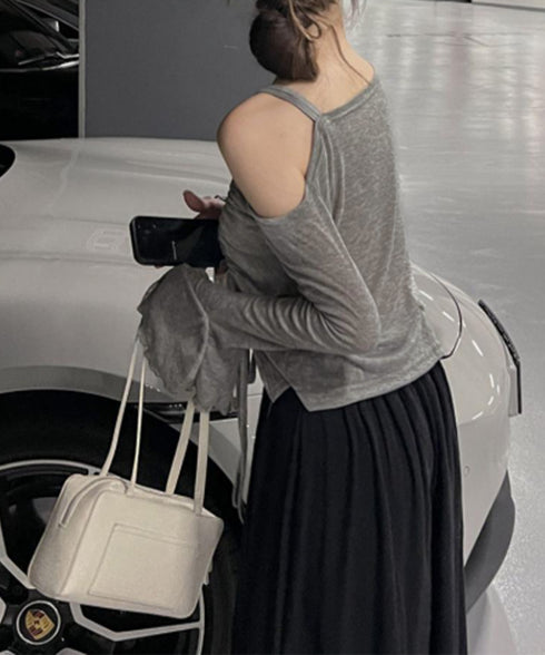 ワンオフショルダーTシャツギャザー 長袖 肩出しドロストtシャツ レディース リボンタイトTシャツ肩あき セクシートップス お洒落 アンバランスヘムtシャツ 薄手 90CHENXINI-021